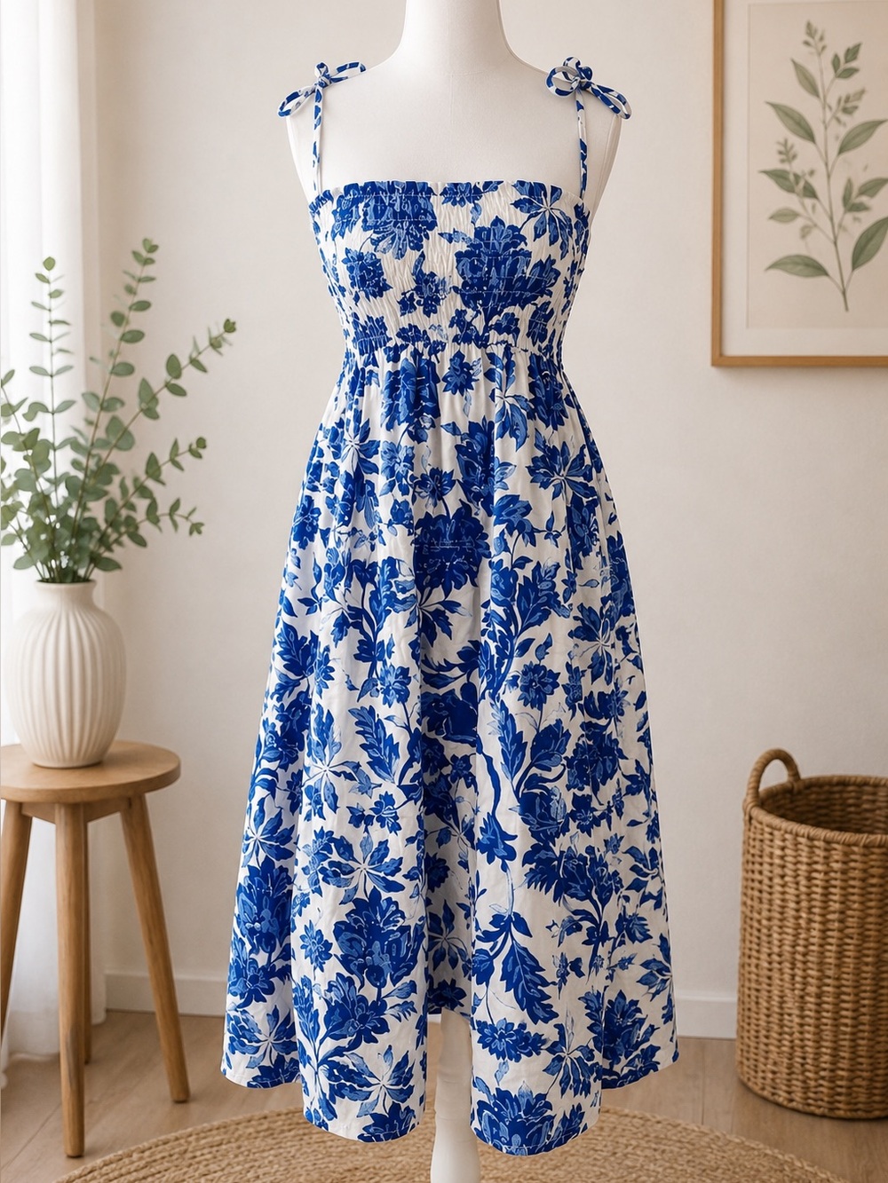 Floral Smocked Dress Skirt Blue White Convertible Resort Summer
